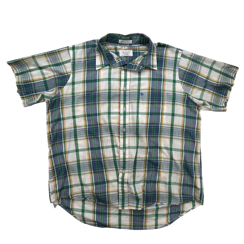 The Mens Store At Sears Shirt Mens XL Plaid Green Purple Yellow Short Sleeve